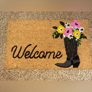 Welcome Floral Cowboy Boot Coir Doormat - Pink & Yellow